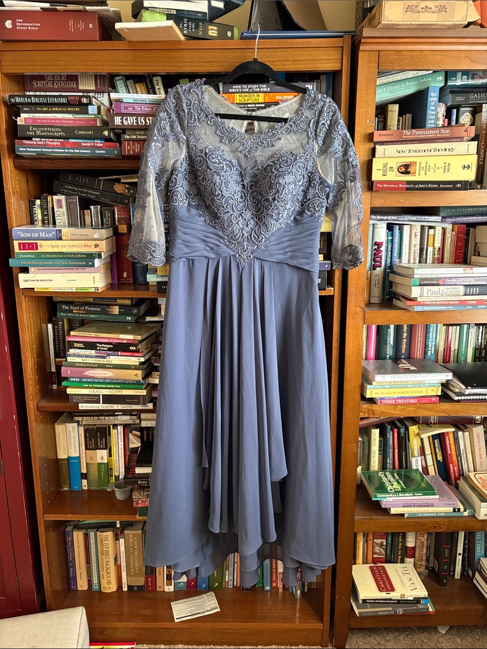 JJs House Dusty Blue Lace Bodice High-Low Chiffon Dress